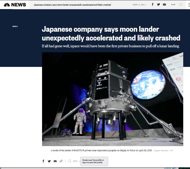   Headline: "Japanese company says moon lander unexpectedly accelerated and likely crashed"            https://www.nbcnews.com/news/world/japanese-company-moon-lander-crash-ispace-rcna81505            The Japanese are masters of Engineering and         #Science with the highest technology on the planet, and they crashed an unmanned space craft on the moon.            Yet, we are supposed to believe that the United States government's #NASA sent a manned spacecraft to the moon in 1969 when computers used vacuum tubes, and the largest, most powerful computer in the world took up the square footage of a 3 bedroom house, and didn't have the computing power of a modern handheld calculator?            OK even if they could shield for radiation of the Van Allen Belt, and you can explain the physics of the cooling system of the space suits (NOT), and the problems with photographic film at moon temperatures, you can't get past the obvious vacuum of space affect on space suits:            https://www.bitchute.com/video/w68fHRfUG76S/            Moon Landing =  #ColdWar Propaganda                  