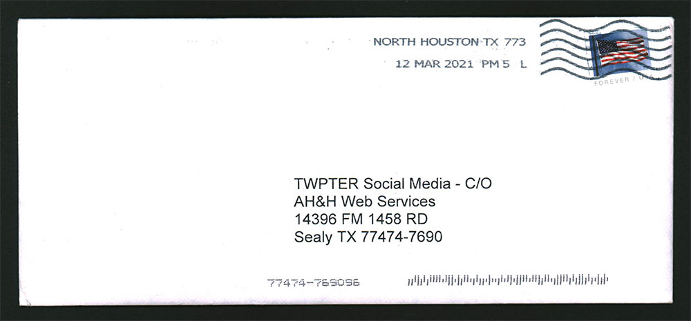 Proof of U.S. Postal Service Mail delivery to Twpter Social Media 12 March 2021