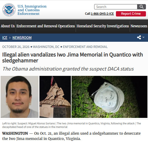 Illegal alien vandalizes Iwo Jima Memorial in Quantico with sledgeha