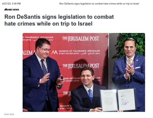 https://twpter.com/users/WarPriest/feed/2023-0427-1640-2481-f-WarPriest.pdf -   PDF: Ron DeSantis Flies To Israel To Destroy Free Speech In Florida            "This week Governor Ron DeSantis of Florida made a trip to Israel to sign HB 269, a bill that makes it a felony with up to five years in jail for passing out “offensive” flyers or pamphlets. This move has been widely criticized by free speech advocates and legal experts as a gross violation of the First Amendment. The bill states that anyone distributing “any material for the purpose of intimidating or threatening the owner” could be convicted of a felony “hate crime.” While we often write about the “hate speech” rules on Big Tech platforms, this is far worse. This is the state of Florida violating the First Amendment of the United States. The legislation came about after activists from a group called the Goyim Defense League made headlines for several years for their activism efforts. The Goyim Defense League’s activism takes the form of distributing flyers" - Andrew Torba             #JewishHypocrisy  #FreeSpeech  #Weimar         #Kosher  #ArchivePDF       