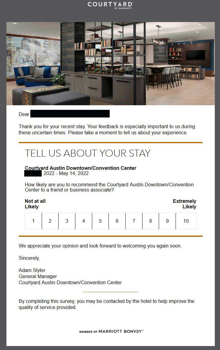  Response to Survey that Marriott International sent our company by e-mail:            https://www.marriott.com/default.mi                  I enjoyed my stay at Marriott Courtyard, it was a decent room at a decent price.            However, I don't like the fact that Marriott Hotels is owned by Vanguard Group and Blackrock            https://finance.yahoo.com/quote/MAR/holders?p=MAR            Blackrock's CEO, Laurence D. Fink            https://www.weforum.org/agenda/authors/larry-fink            Sits on the board of the World Economic Forum along with Klaus Schwab who thinks that we “Serfs” should “Own Nothing and Be Happy” while this group of Technocratic Oligarchs plan on orchestrating every aspect of our lives using a “Great Reset” to crash the economy.            https://www.weforum.org/focus/the-great-reset            More information here:            https://twpter.com/hash/?tag=BlackRock            #TechnocraticOligarchy #BlackRock #KlausSchwab #WEF #TheGreatReset      