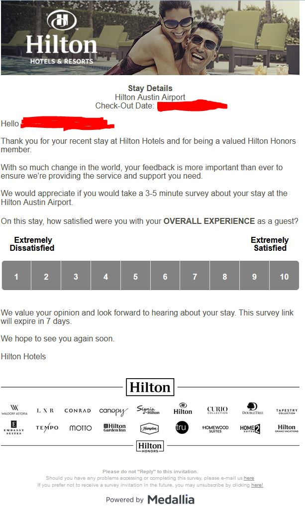   Response to Survey that Hilton Hotels sent our company by e-mail:            https://www.hilton.com/en/            I enjoyed my stay at Hilton Austin Airport, it was a decent room at a decent price.            However, I don't like the fact that Hilton Hotels is owned by Vanguard Group and Blackrock            https://finance.yahoo.com/quote/HLT/holders?p=HLT            Blackrock's CEO, Laurence D. Fink            https://www.weforum.org/agenda/authors/larry-fink            Sits on the board of the World Economic Forum along with Klaus Schwab who thinks that we “Serfs” should “Own Nothing and Be Happy” while this group of Technocratic Oligarchs plan on orchestrating every aspect of our lives using a “Great Reset” to crash the economy.            https://www.weforum.org/focus/the-great-reset            More information here:            https://twpter.com/hash/?tag=BlackRock            #TechnocraticOligarchy #BlackRock #KlausSchwab #WEF #TheGreatReset      