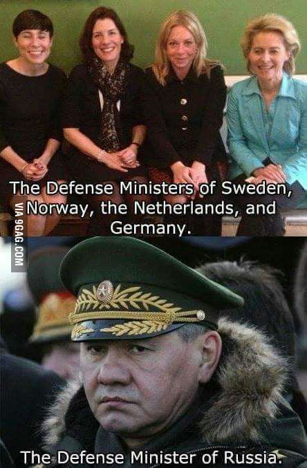   Interesting Picture:            Defense Ministers of Sweden, Norway, the #Netherlands , #Germany and #Russia            This picture says all that needs to be said about the feminization of western society, and #Woke hiring practices.      #FightClub       