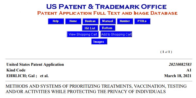 https://twpter.com/users/phoneguy/feed/2021-1012-1324-2151-f-phoneguy.pdf -   PDF: United States Patent Application_ 0210082583            METHODS AND SYSTEMS OF PRIORITIZING TREATMENTS, VACCINATION, TESTING      AND/OR ACTIVITIES WHILE PROTECTING THE PRIVACY OF INDIVIDUALS             I going to enter this patent application into evidence. This may constitute evidence that the so called #COVID vaccine and mobile tracking apps being introduced to track vaccination status may be intended as a means of surveillance, or function as a biological weapon or social obedience platform of some type.            See: KAREN KINGSTON: PATENT PROVES VAXX IS OBEDIENCE TRAINING PLATFORM            https://www.bitchute.com/video/ZaYQ0JOKnZgJ/ #ArchivePDF       #CovidTrials       
