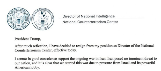 Resignation letter from Joseph Kent, Director National Counterterror