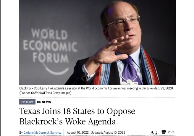 https://twpter.com/users/tex/feed/2022-0812-1321-3971-f-tex.pdf -   PDF: Texas Joins 18 States to Oppose Blackrock’s Woke Agenda                  It's about time the great state of #Texas stood up to  #BlackRock  #WEF the and their #Woke  #ESG agenda.            Maybe we could get also antitrust action against Blackrock and  #Vanguard .            There is no reason why these companies should be so powerful and control so much of the world's commerce. #ArchivePDF       
