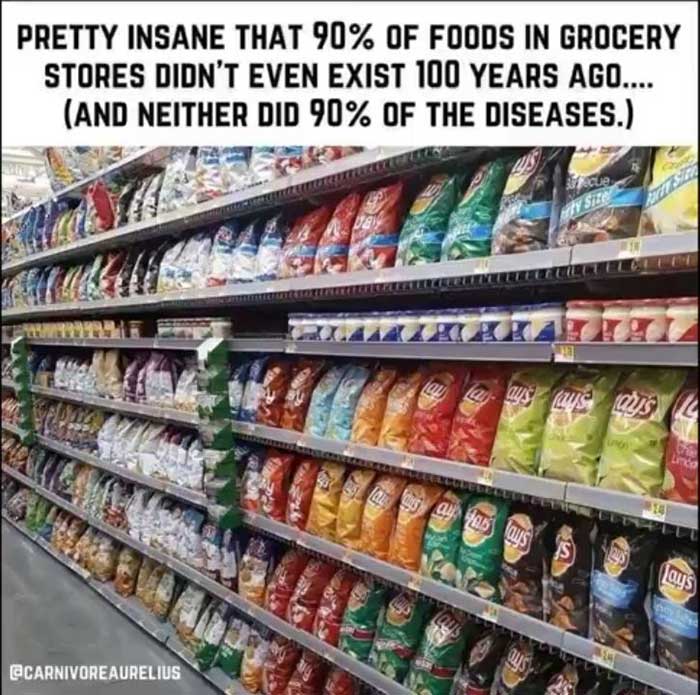   "Pretty insane that 90% of foods in grocery stored didn't even exist 100 years ago... (and neither did 90% of the diseases.)"             #Food  #FoodWars             People, you need to take responsibility for your own health nowadays, and it starts with a healthy diet. You can't trust  #Healthcare or #BigPharma             the best medicine is preventative medicine. Steer clear of all the processed junk food. The fewer ingredients and the fewer chemical sounding ingredients in a food, the better.            